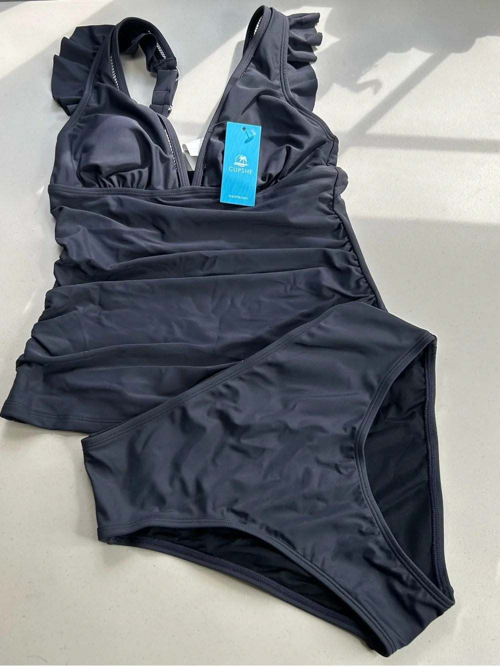 Cupshe Tankini Bikini Set Black XS Ruffle Tummy Control New